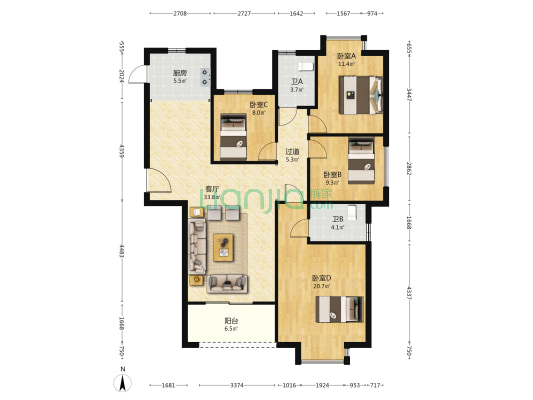 龙兴家园 4室1厅2卫 141平方