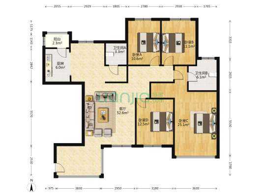 佳田西湖岸2期 4室1厅2卫 161平方