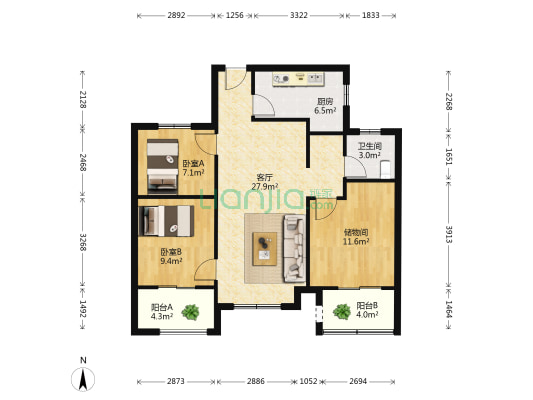 世茂东壹号 2室1厅1卫 88平方