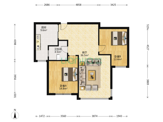 辰能溪树庭院 2室1厅1卫 116平方