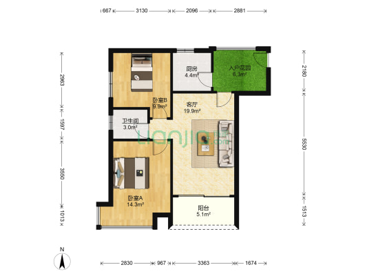 东海阳光 2室1厅1卫 81平方