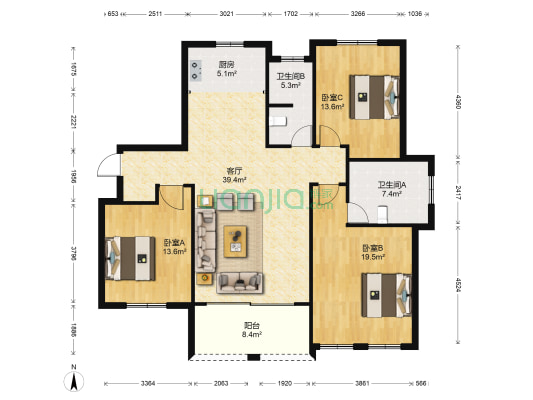 昆城博奥苑 3室1厅2卫 140平方