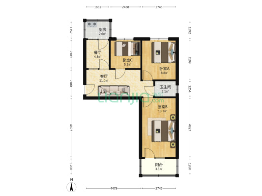 日华里 3室2厅1卫 62平方