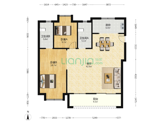 钢旅蓝郡 2室1厅2卫 126平方