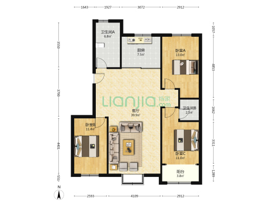博晨盛园 3室1厅2卫 128平方