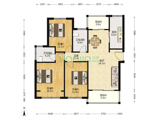 四季和鸣雅园南区 3室1厅2卫 127平方