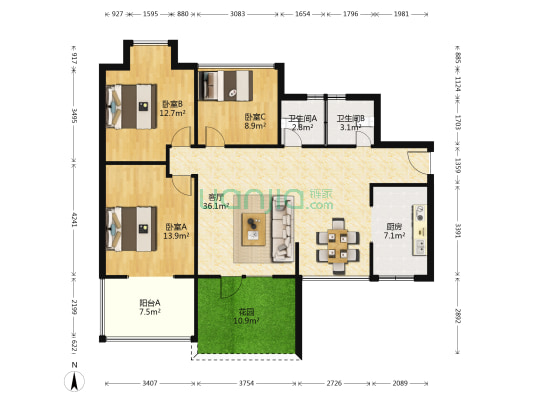 龙阳丽园 3室1厅2卫 100平方