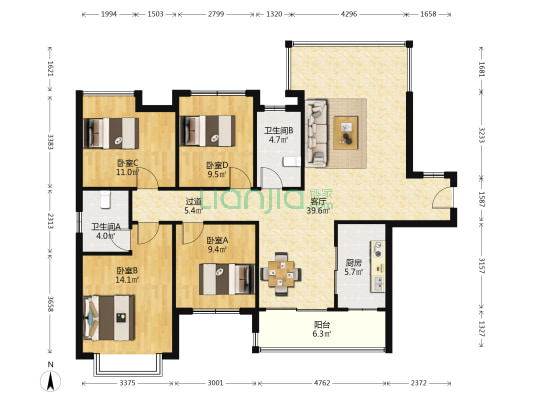 长房东旭国际 4室1厅2卫 137平方