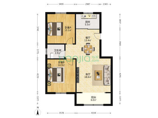 颐泽花园牡丹苑 2室2厅1卫 96平方