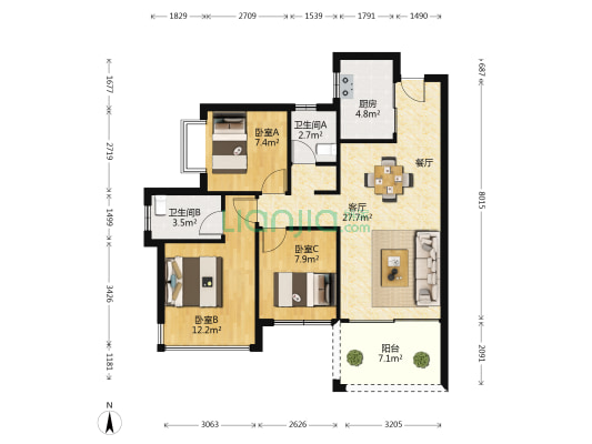 万科金域蓝湾 3室1厅2卫 90平方