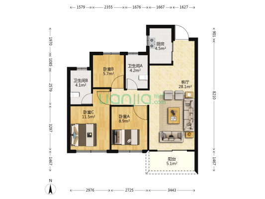 旭辉金科春夏里 3室1厅2卫 98平方