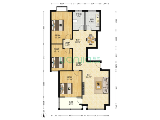 民泰龙凤苑B区 3室2厅1卫 140平方