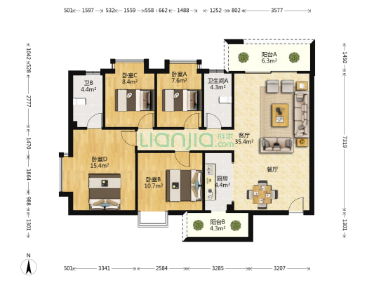 嘉园小区 4室1厅2卫 131平方