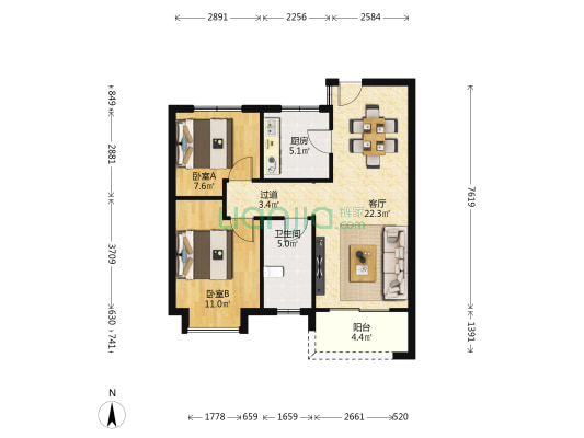 国润城西区 2室1厅1卫 79平方