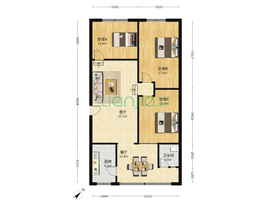 建设路三段207号 3室2厅1卫 114平方