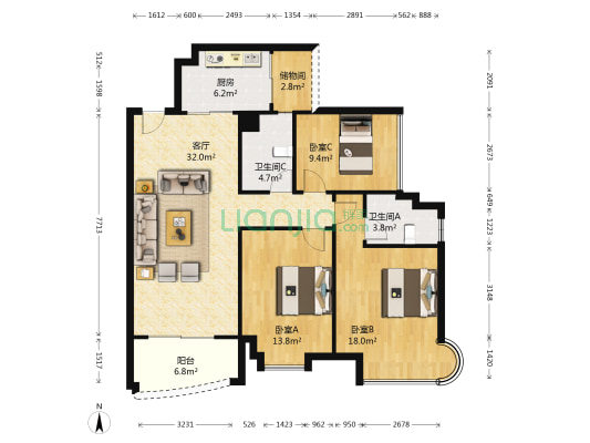 宏宇海山壹号 3室1厅2卫 109平方