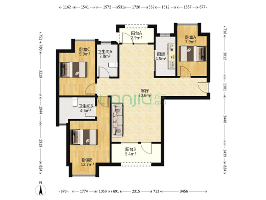 海伦春天四期 3室1厅2卫 107平方