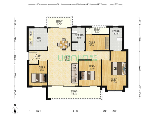 长沙北中心保利时代F区 4室1厅2卫 133平方