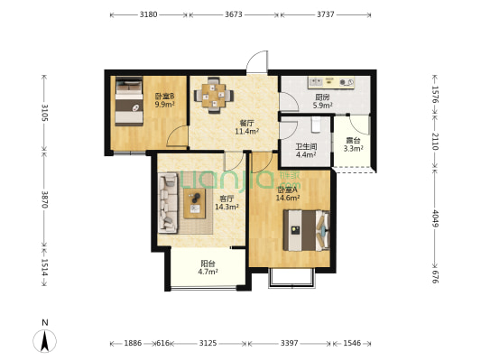 荣昌花园 2室2厅1卫 98平方