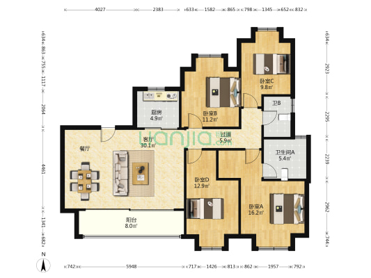 东原麓印长江 4室1厅2卫 142平方