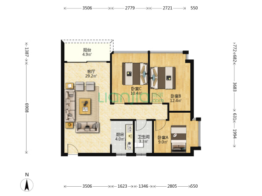名远幸福里 3室1厅1卫 91平方