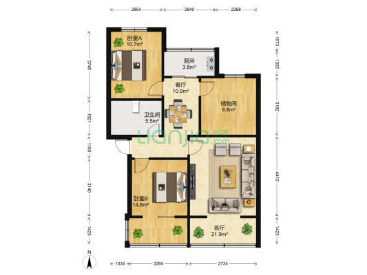 威远街南廊组团 2室2厅1卫 96平方