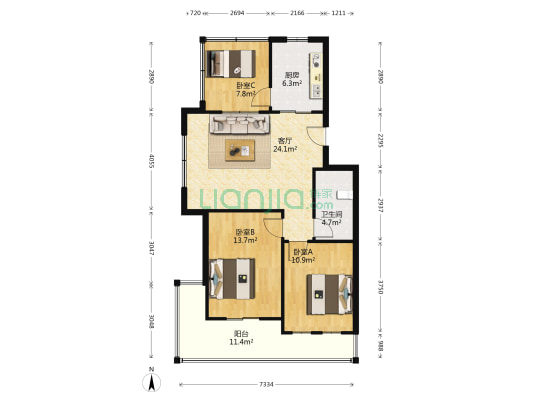 贵信鑫居 3室1厅1卫 78平方