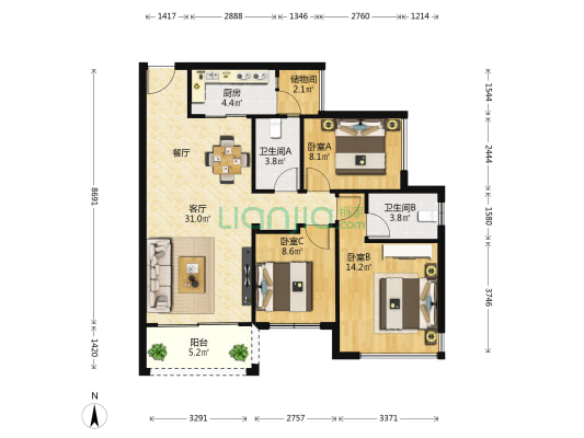 奥园名门 3室1厅2卫 93平方
