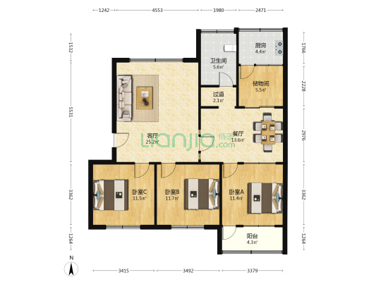 高级技校宿舍 3室2厅1卫 115平方