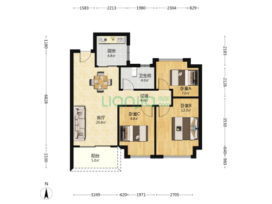 美的云樾 3室1厅1卫 88平方