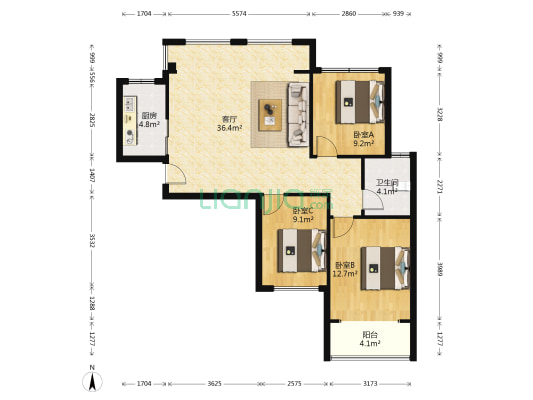 鼎诚馥桂园 3室1厅1卫 108平方