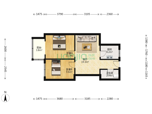 玫瑰园小区 2室1厅1卫 70平方
