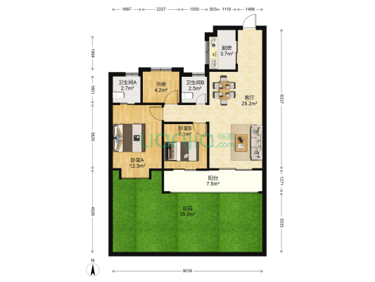 众安.蒲荷花苑 3室1厅2卫 89平方