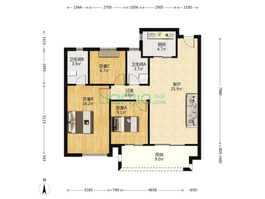 君望美庭 3室1厅2卫 105平方