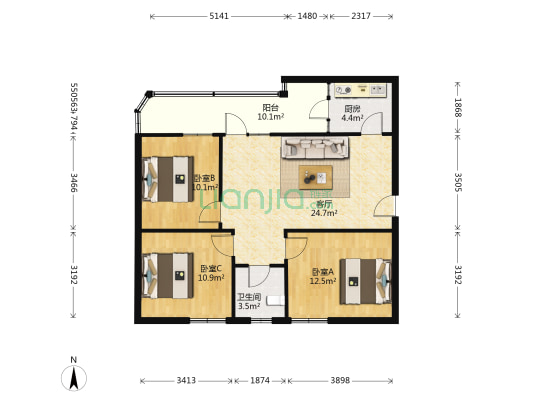 中兴商住楼 3室1厅1卫 97平方