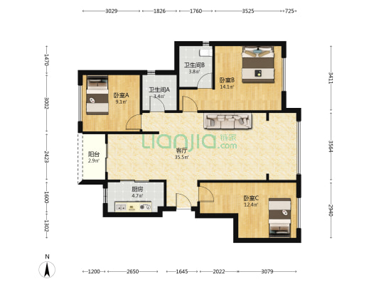 龙湖紫云赋南区 3室1厅2卫 97平方