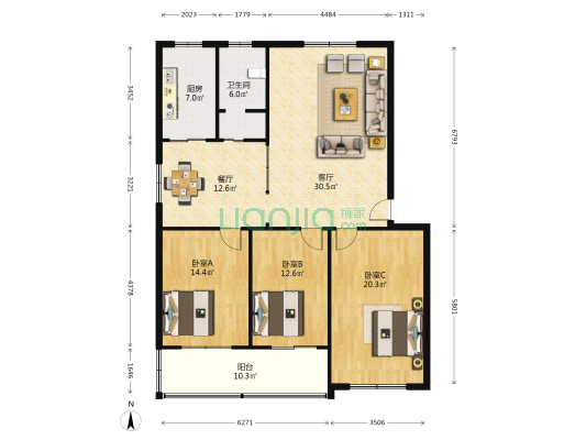 华庭嘉苑B区 3室2厅1卫 131平方