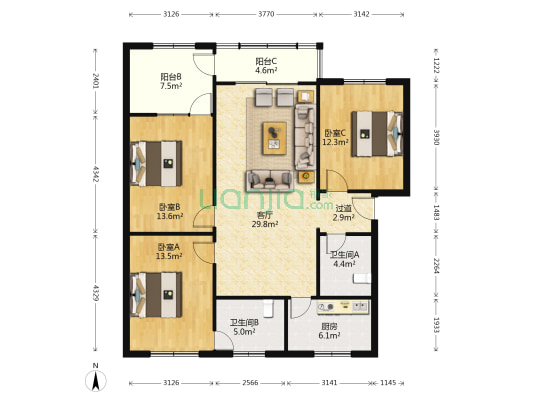 世发家园 3室1厅2卫 113平方