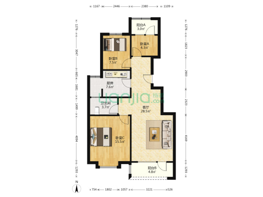 华融现代城全朝阳三居，采光好，视野好-户型图