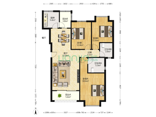 绿怡居东小高层 3室1厅2卫 127平方