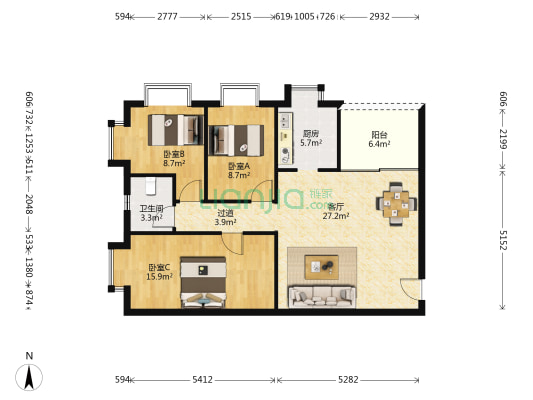 华景新城丽景园 3室1厅1卫 92平方