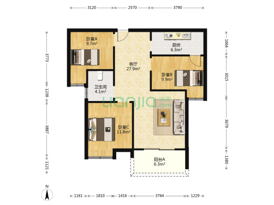 保利圆梦城三区 3室1厅1卫 88平方