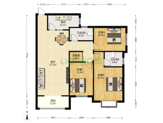 公交公司家属院 3室1厅2卫 128平方