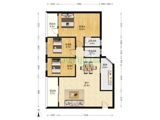 金溪花园 3室1厅2卫 106平方