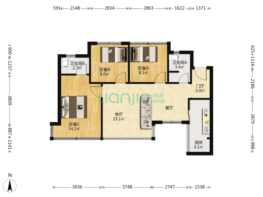 阳光珑悦台 3室1厅2卫 79平方