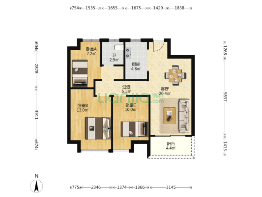 新力君悦湾项目 3室1厅1卫 88平方
