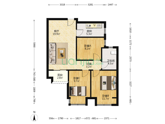 康桥那云溪 3室1厅1卫 89平方