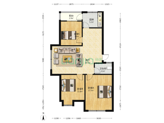 芦林嘉园 3室1厅1卫 95平方