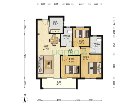 弘阳时光里 3室1厅2卫 101平方