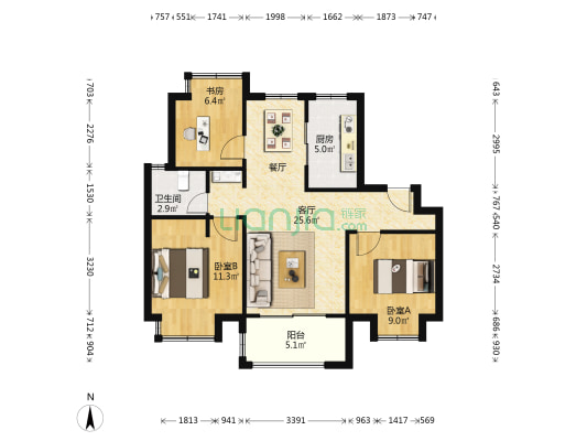 禹洲丁香里 3室1厅1卫 121平方